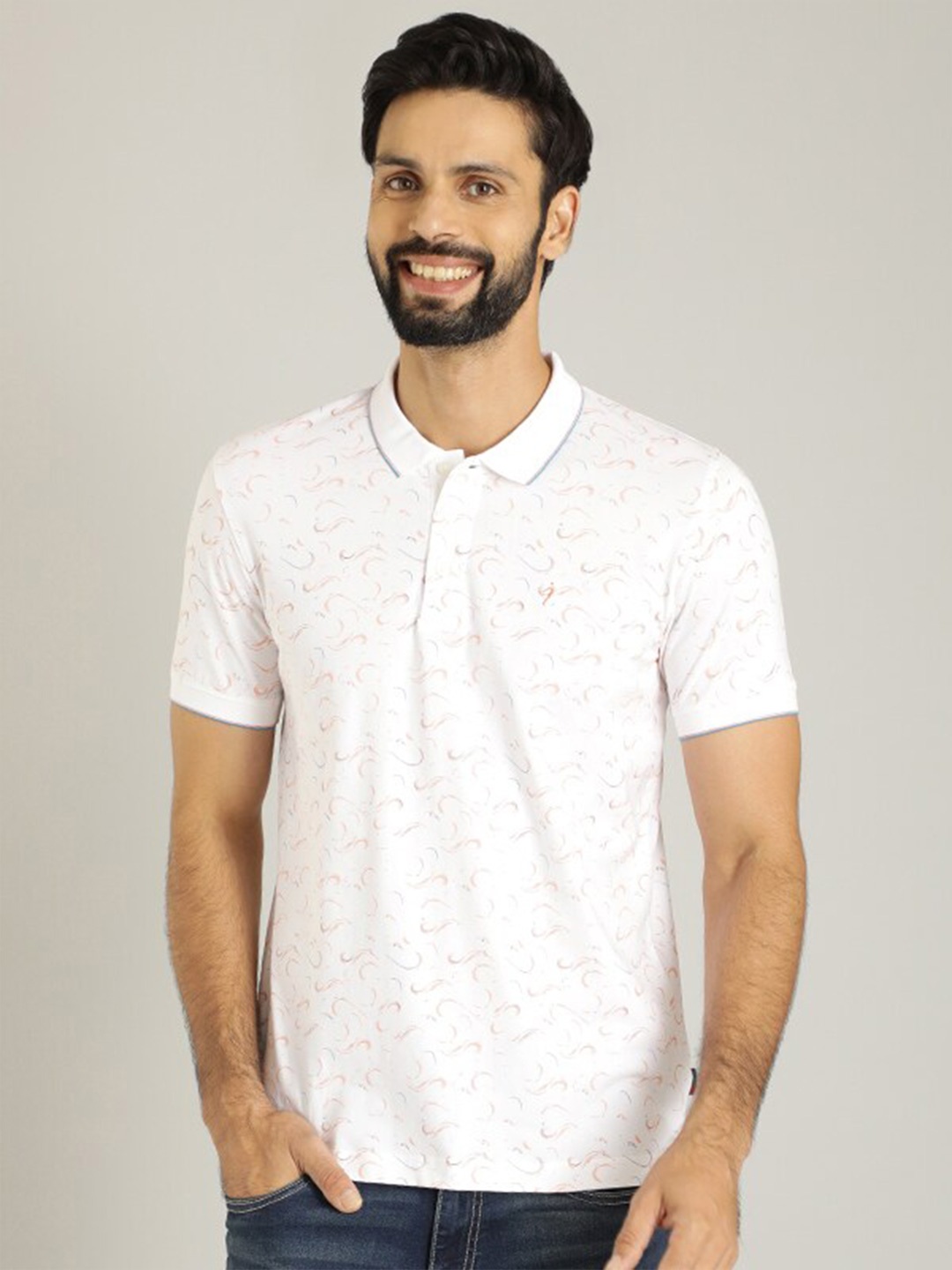 

Indian Terrain Men White Floral Printed Polo Collar Pockets T-shirt