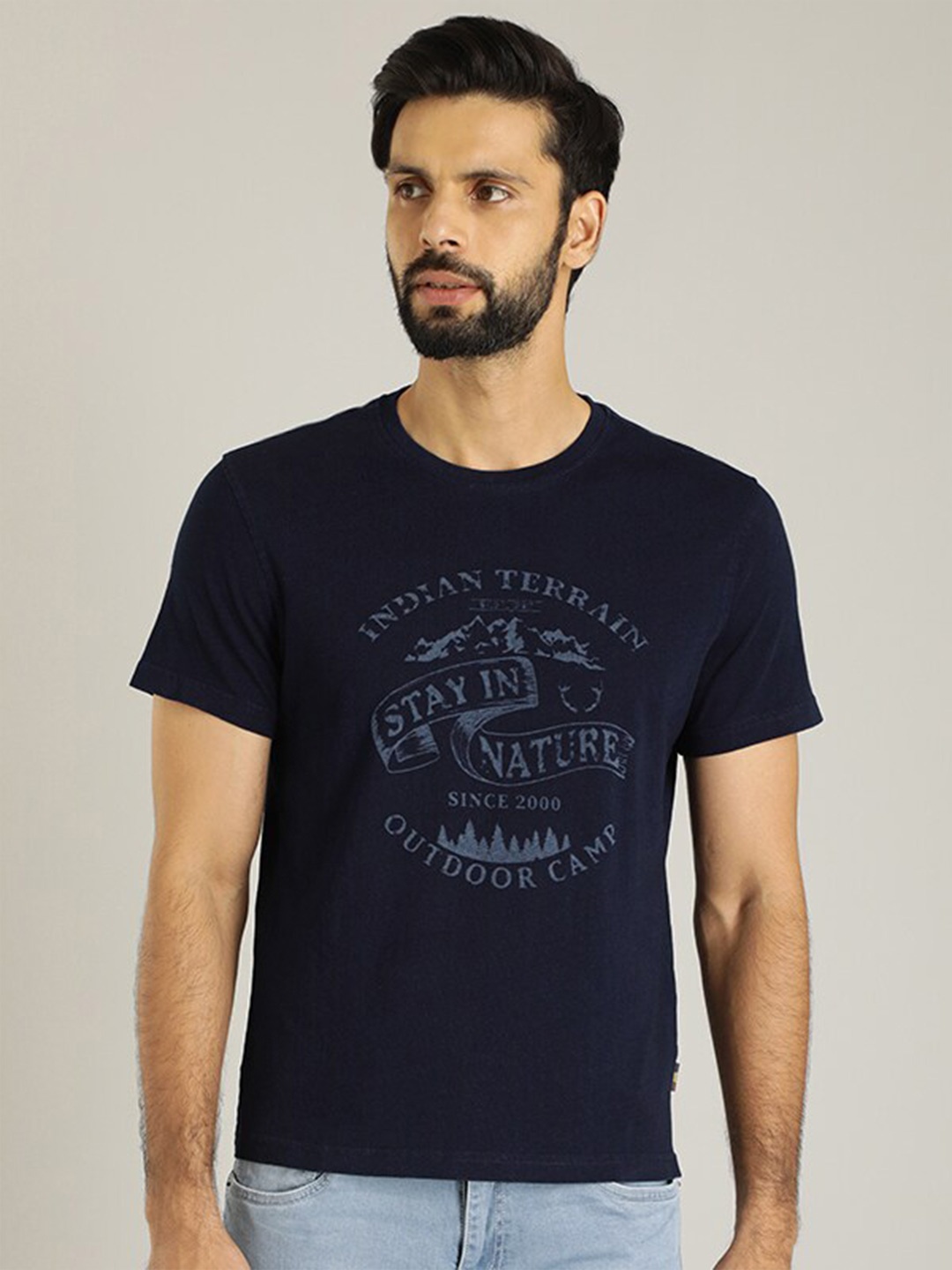 

Indian Terrain Typography Printed Round Neck Pure Cotton T-shirt, Navy blue
