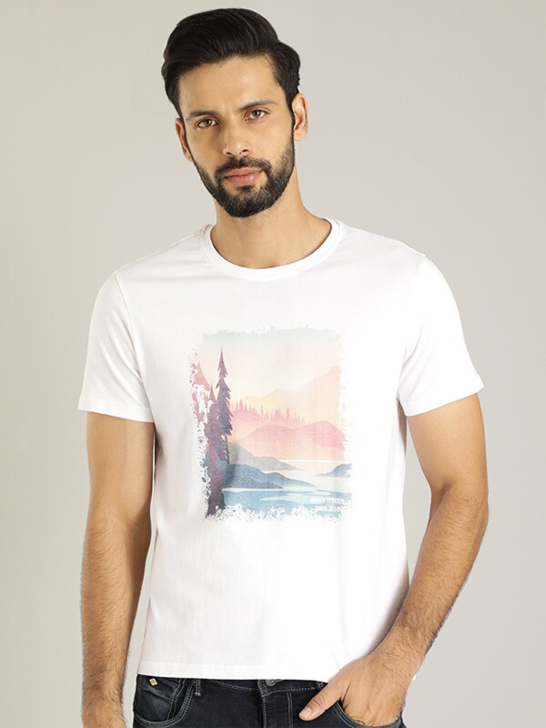 

Indian Terrain Graphic Printed Pure Cotton T-shirt, White