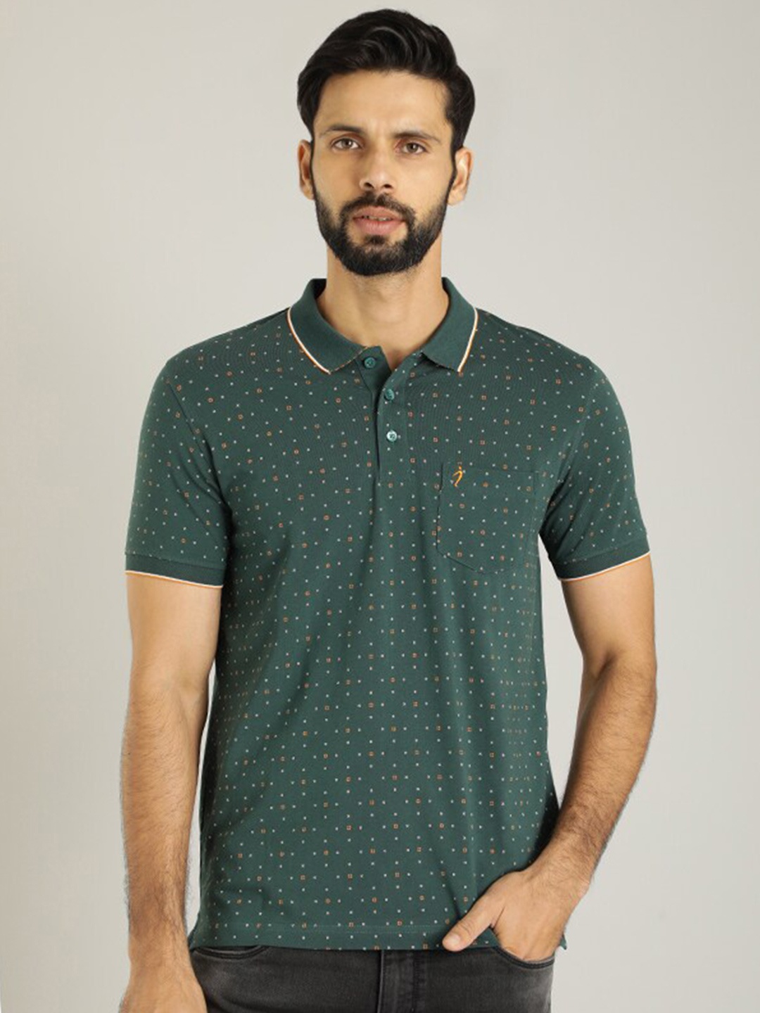 

Indian Terrain Geometric Printed Polo Collar Cotton T-shirt, Green