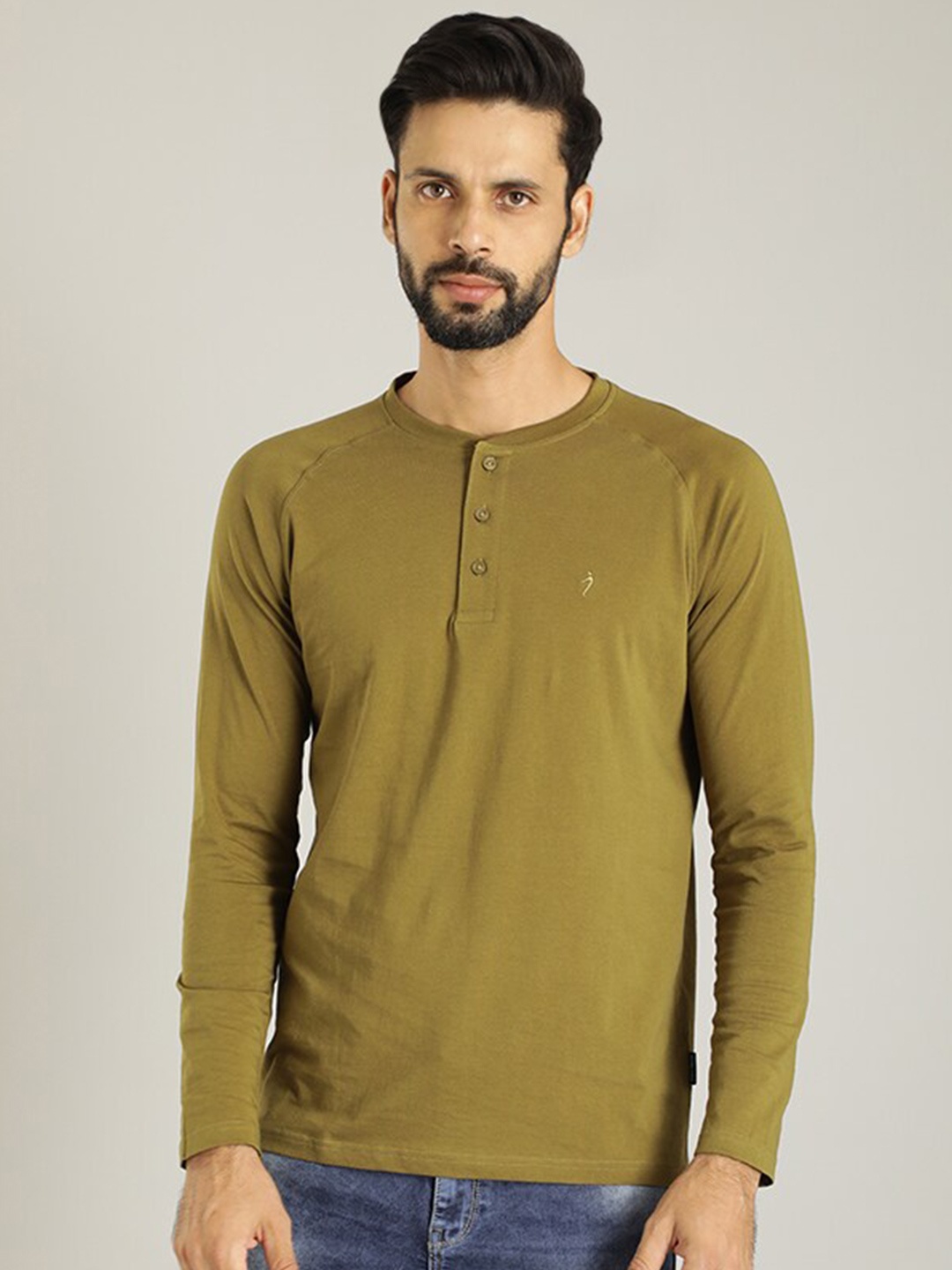 

Indian Terrain Mandarin Collar Pure Cotton Casual T-shirt, Green