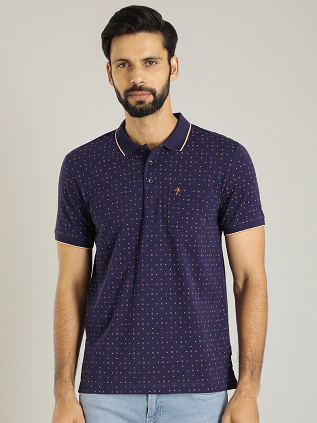 

Indian Terrain Micro Ditsy Printed Polo Collar Pure Cotton T-shirt, Navy blue