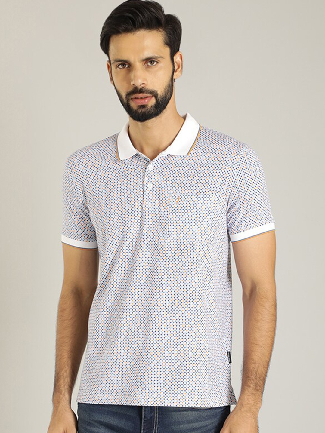 

Indian Terrain Geometric Printed Polo Collar Pockets Pure Cotton T-shirt, White
