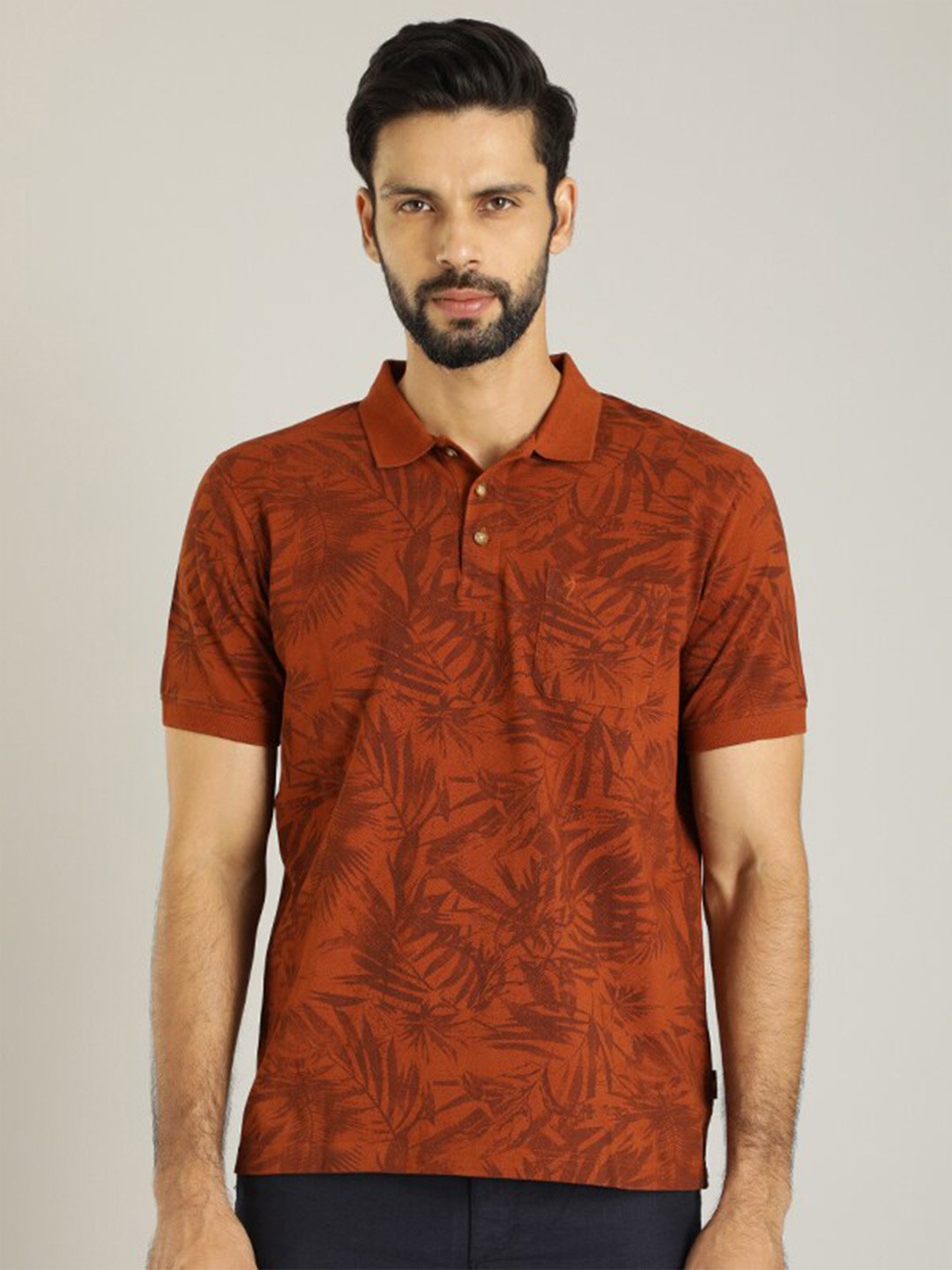 

Indian Terrain Floral Printed Polo Collar Pure Cotton Casual T-shirt, Brown