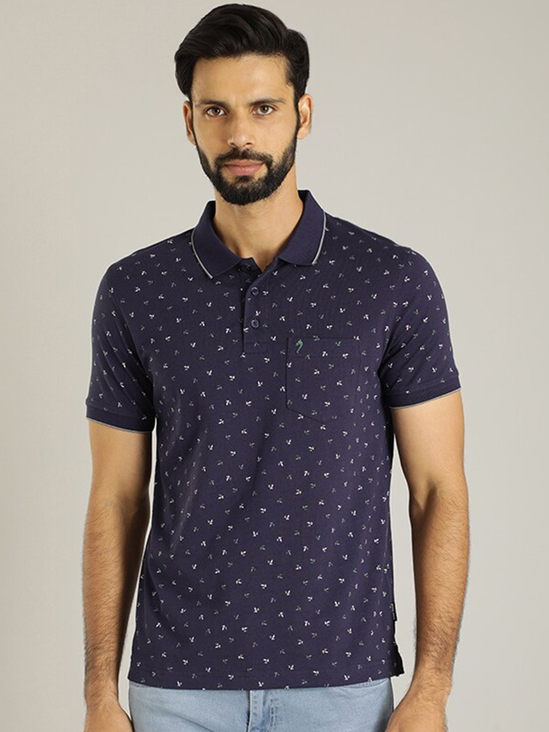 

Indian Terrain Micro Ditsy Printed Polo Collar Pure Cotton T-shirt, Navy blue
