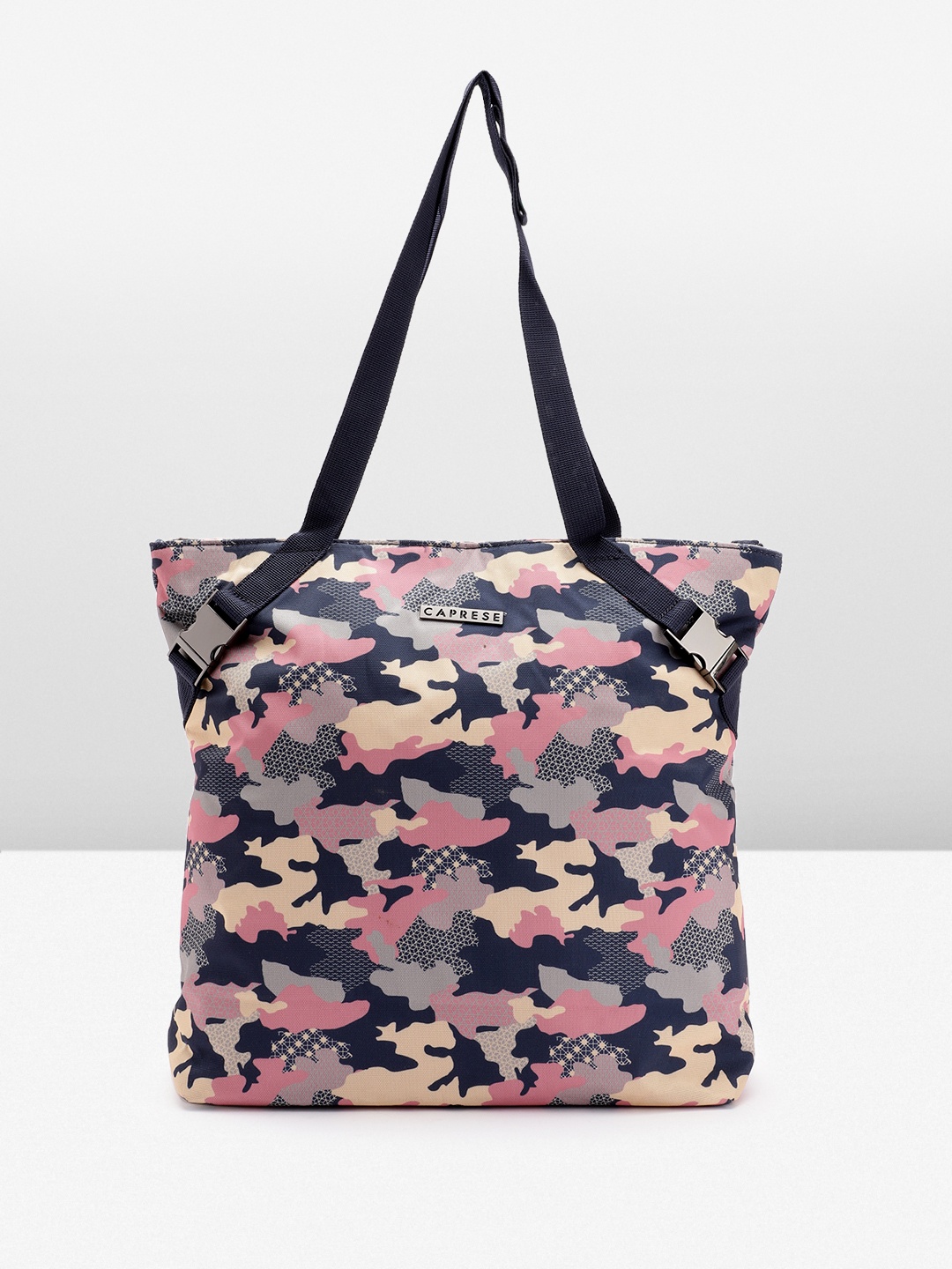 

Caprese Camouflage Printed PU Shopper Tote Bag with Two Handles, Navy blue