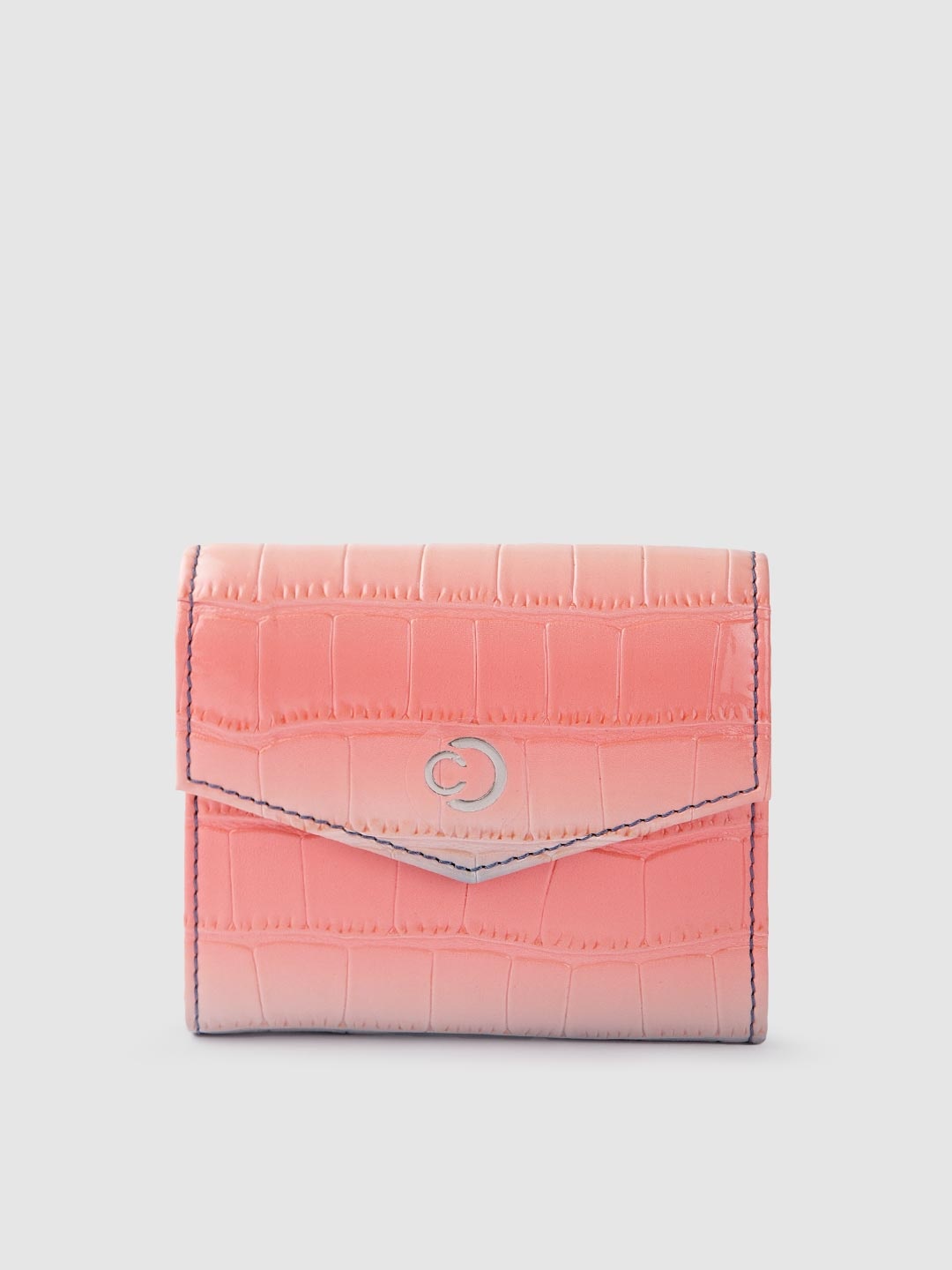 

Caprese Women Croc Textured Ombre Print Three Fold Wallet, Peach