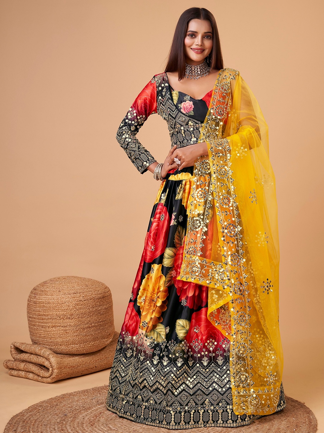 

Sarvayog Fashion Floral Printed Semi-Stitched Lehenga & Unstitched Blouse With Dupatta, Black