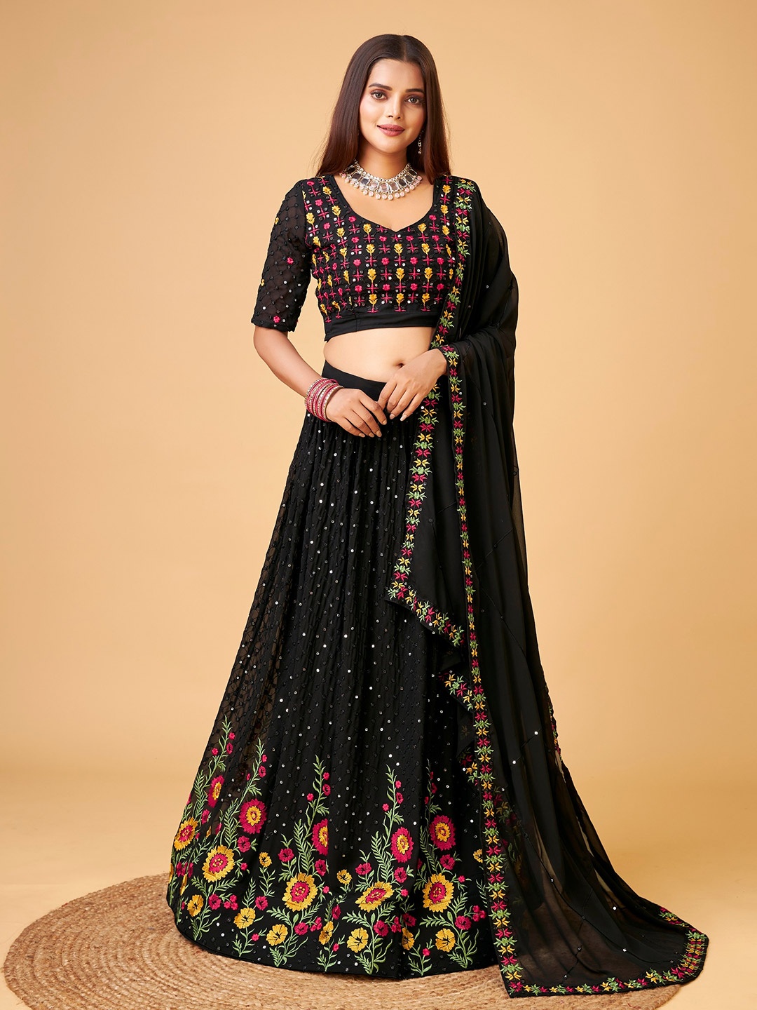 

Sarvayog Fashion Embroidered Semi-Stitched Lehenga & Unstitched Blouse With Dupatta, Black