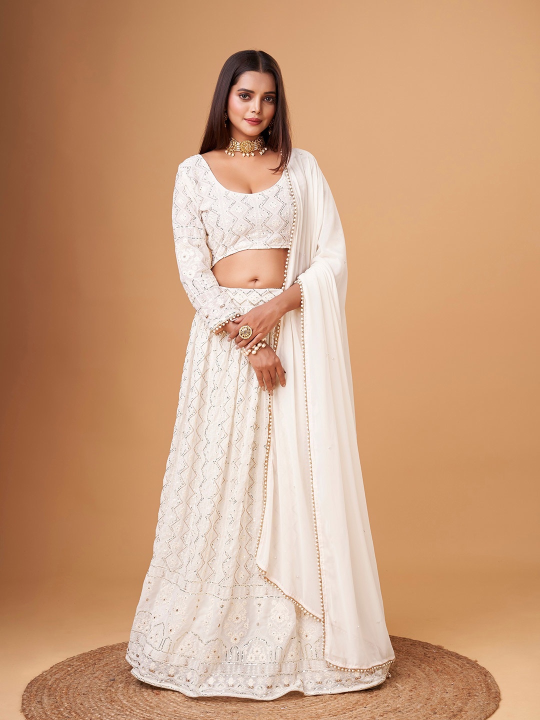 

Sarvayog Fashion Embroidered Semi-Stitched Lehenga & Unstitched Blouse With Dupatta, White