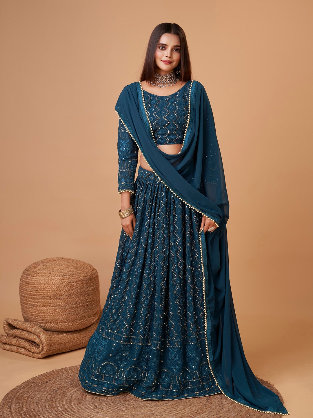 

Sarvayog Fashion Beads and Stones Embellished Semi-Stitched Lehenga & Unstitched Blouse, Sea green
