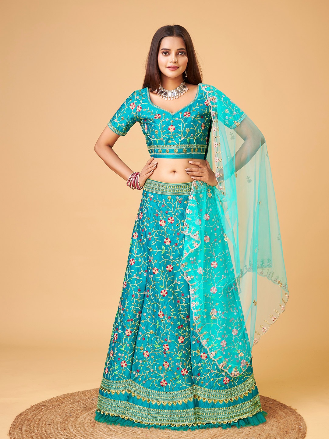 

Sarvayog Fashion Embroidered Semi-Stitched Lehenga & Unstitched Blouse With Dupatta, Sea green