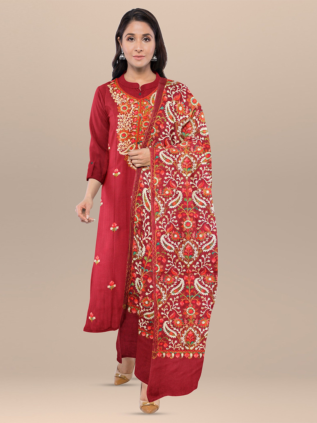 

CASMIR Floral Embroidered Unstitched Dress Material, Maroon