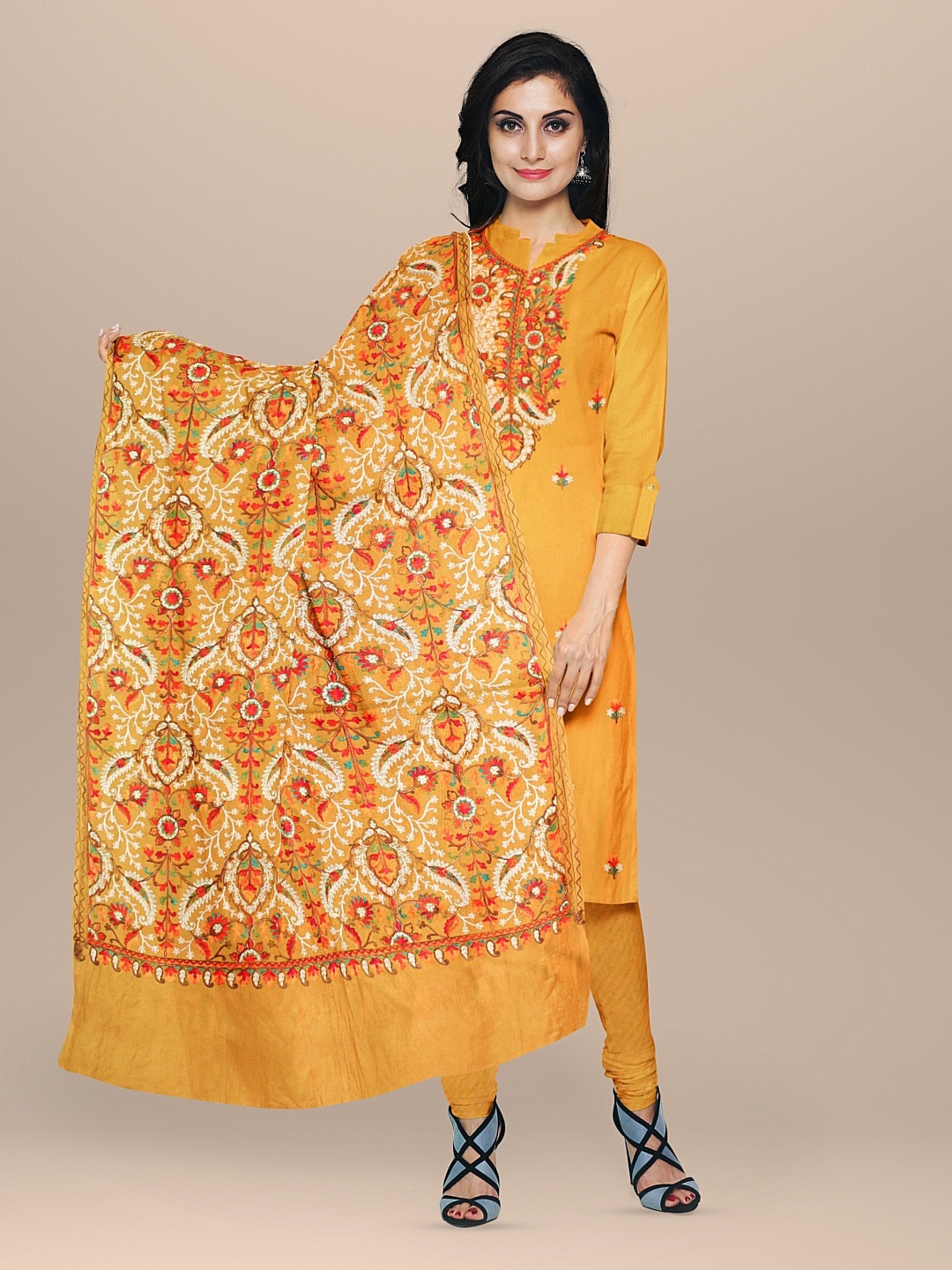 

CASMIR Floral Embroidered Unstitched Dress Material, Mustard