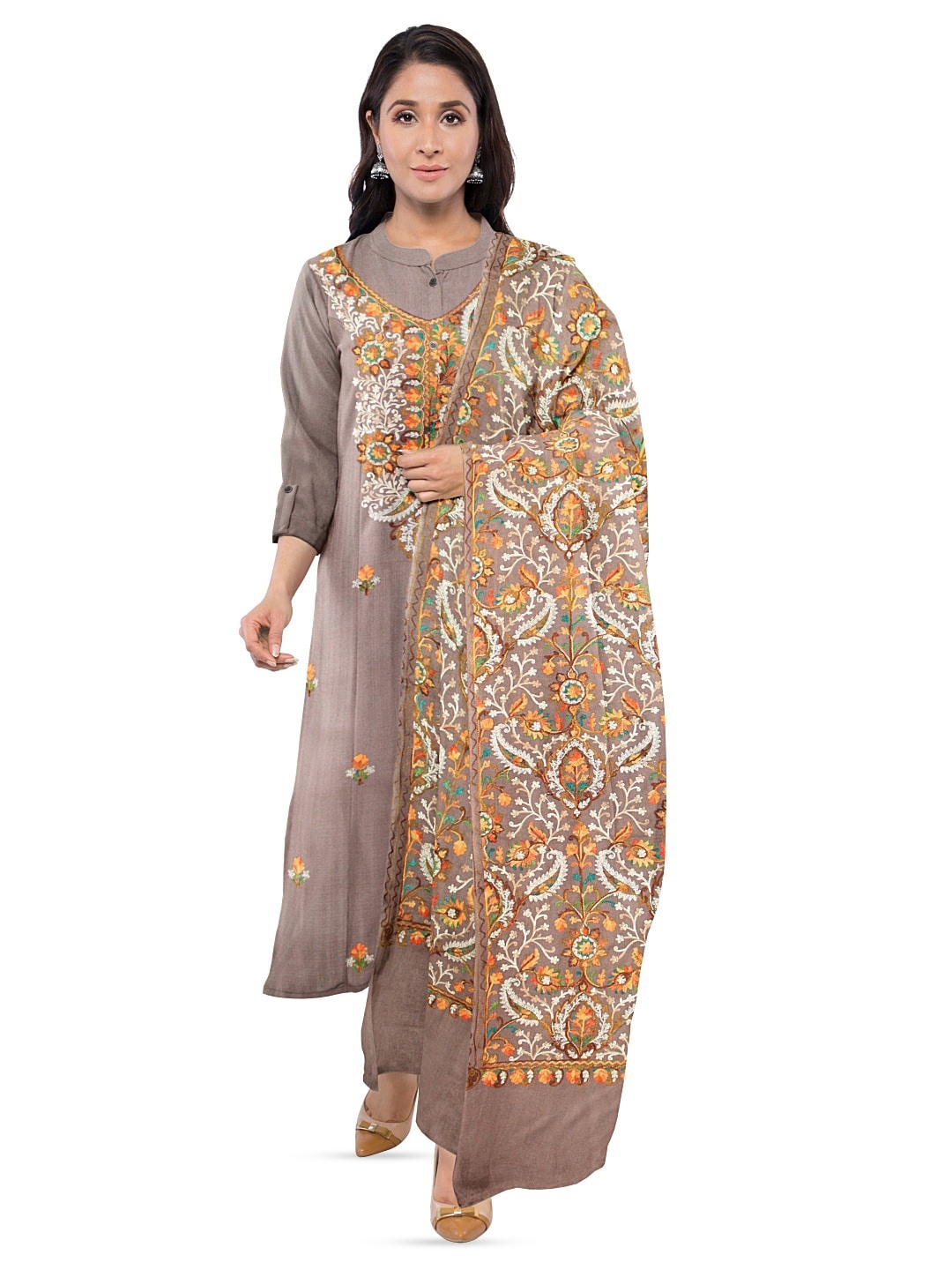 

CASMIR Ethnic Motifs Embroidered Unstitched Dress Material, Beige