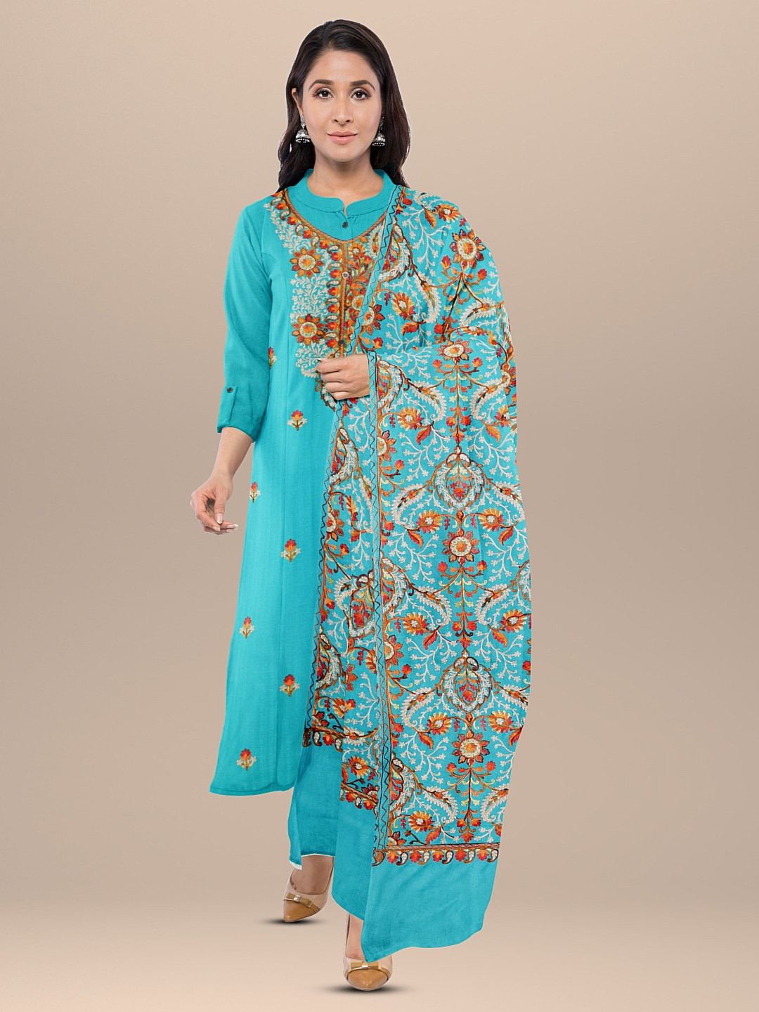 

CASMIR Floral Embroidered Unstitched Dress Material, Sea green
