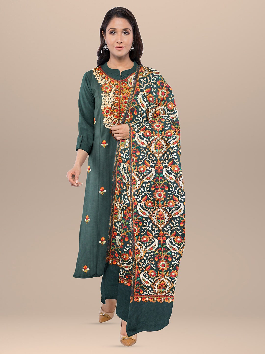 

CASMIR Ethnic Motifs Printed Embroidered Unstitched Dress Material, Green