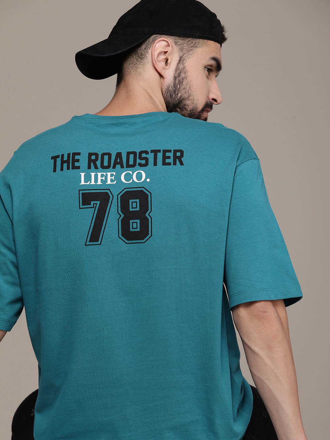 

The Roadster Life Co. Pure Cotton Brand Logo Printed Drop-Shoulder Sleeves Casual T-shirt, Blue