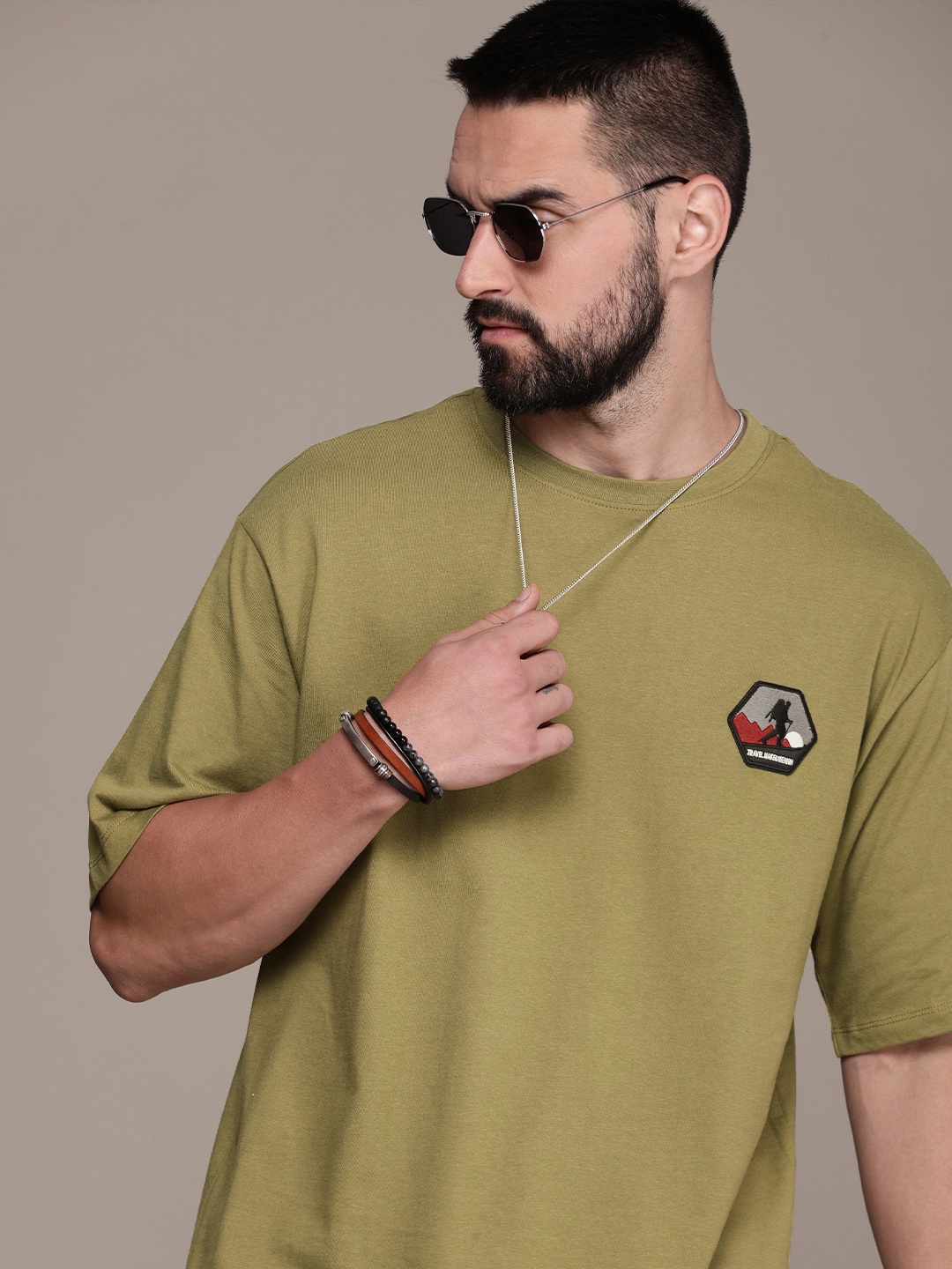

The Roadster Life Co. Drop-Shoulder Sleeves Pure Cotton T-shirt, Green