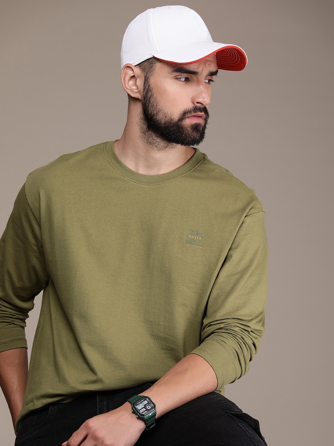 

The Roadster Life Co. Pure Cotton Solid Drop-Shoulder Sleeves Casual T-shirt, Olive