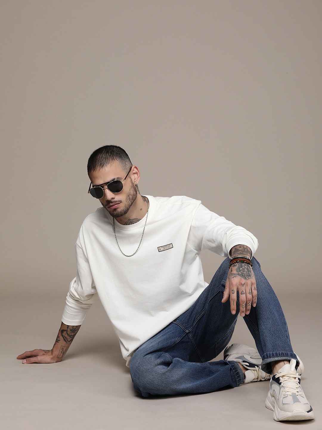 

The Roadster Life Co. Drop-Shoulder Sleeves Pure Cotton T-shirt, White