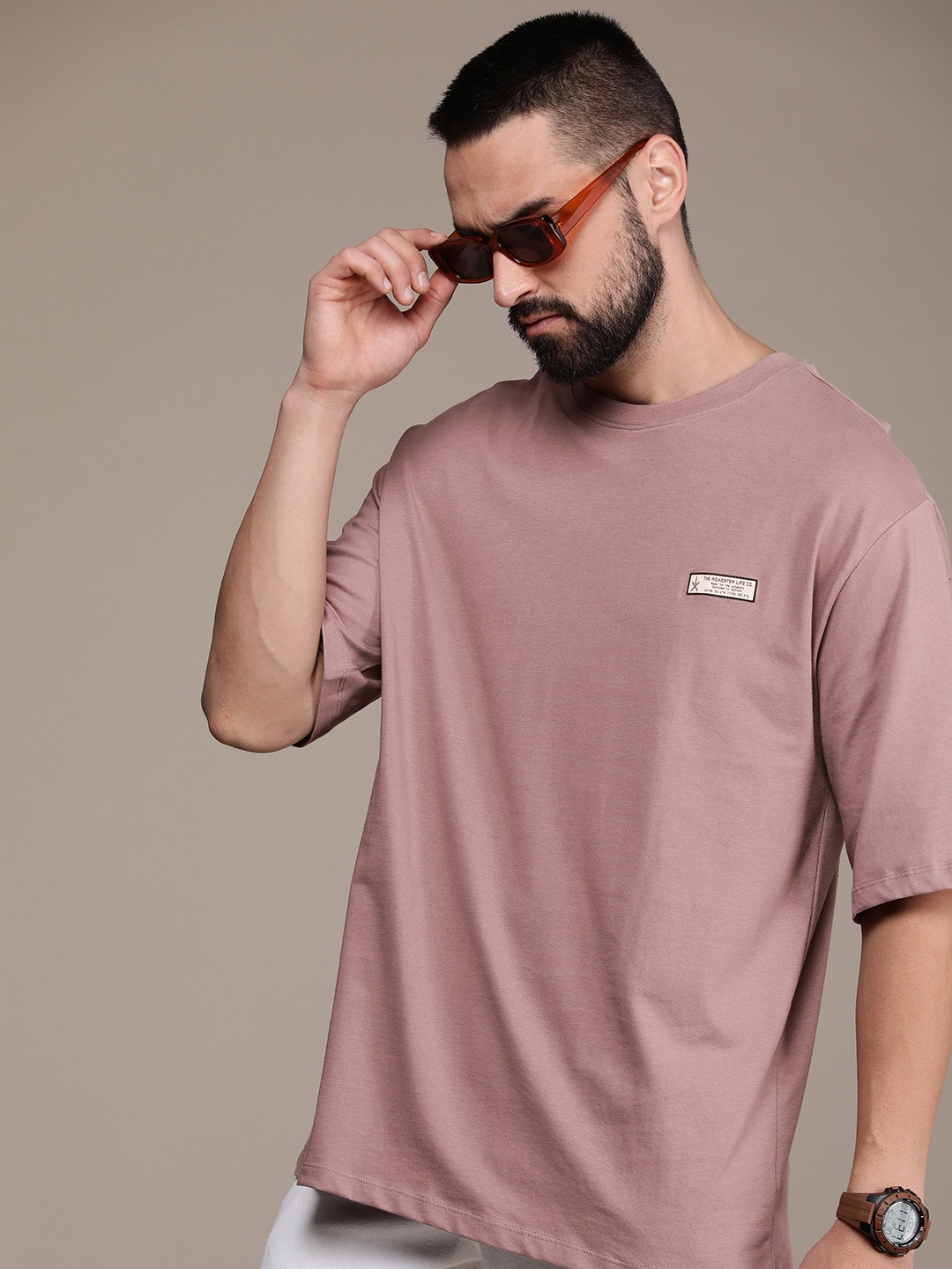 

The Roadster Life Co. Drop-Shoulder Sleeves Pure Cotton T-shirt, Mauve