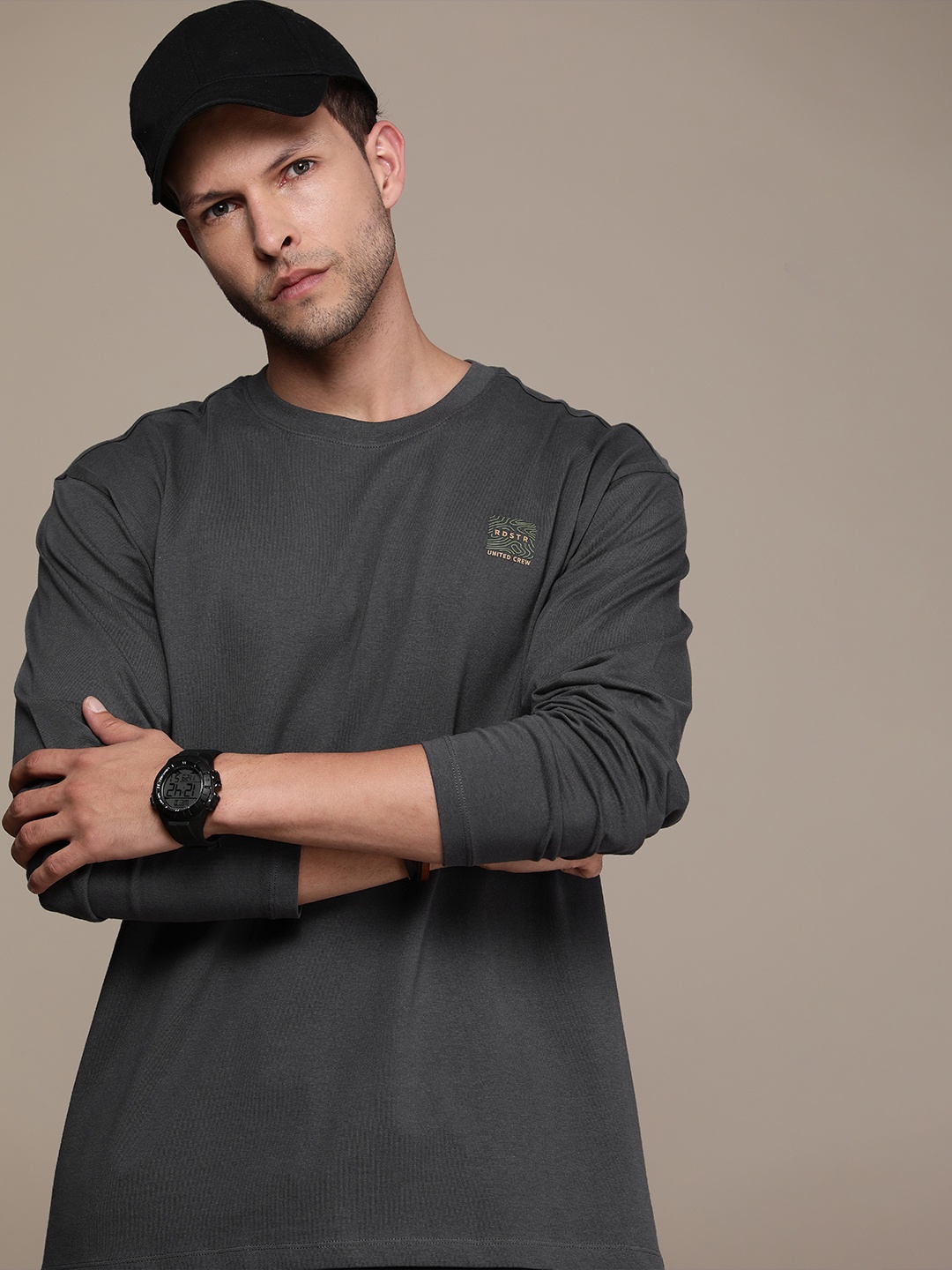 

The Roadster Life Co. Pure Cotton Solid Drop-Shoulder Sleeves Casual T-shirt, Grey