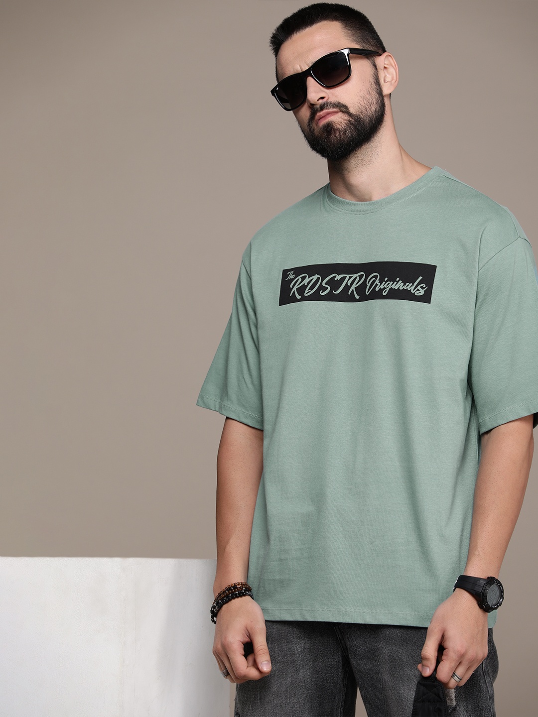

The Roadster Life Co. Brand Logo Printed Drop-Shoulder Pure Cotton T-shirt, Blue