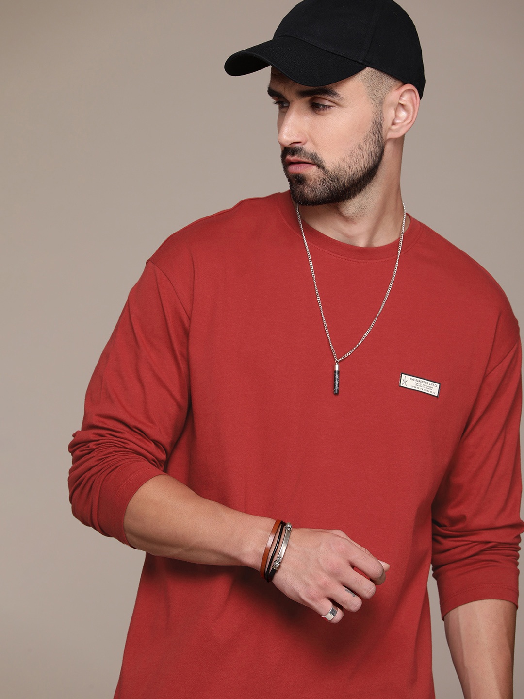 

The Roadster Life Co. Solid Drop-Shoulder Sleeves Pure Cotton Oversized T-shirt, Red