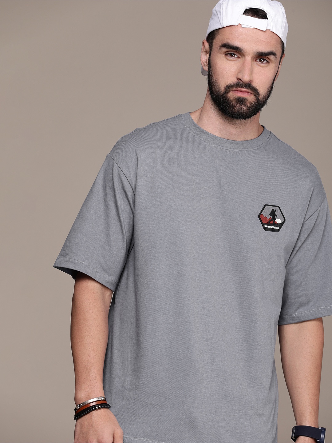 

The Roadster Life Co. Embroidered Drop-Shoulder Sleeves Pure Cotton Oversized T-shirt, Grey