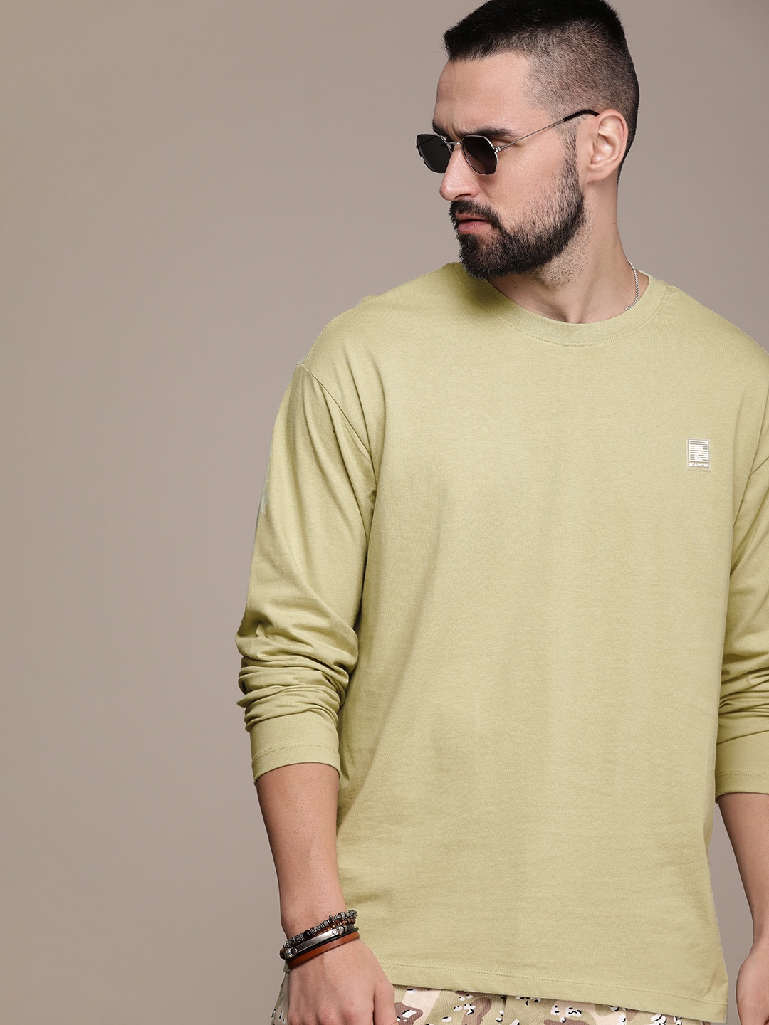 

The Roadster Life Co. Pure Cotton Solid Drop-Shoulder Sleeves Casual T-shirt, Olive