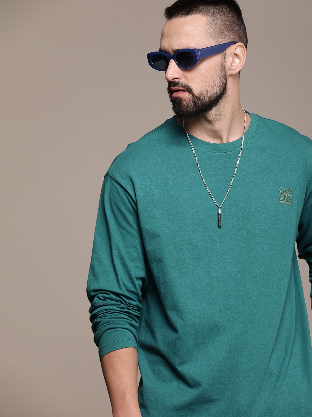 

The Roadster Life Co. Pure Cotton Solid Drop-Shoulder Sleeves Casual T-shirt, Teal