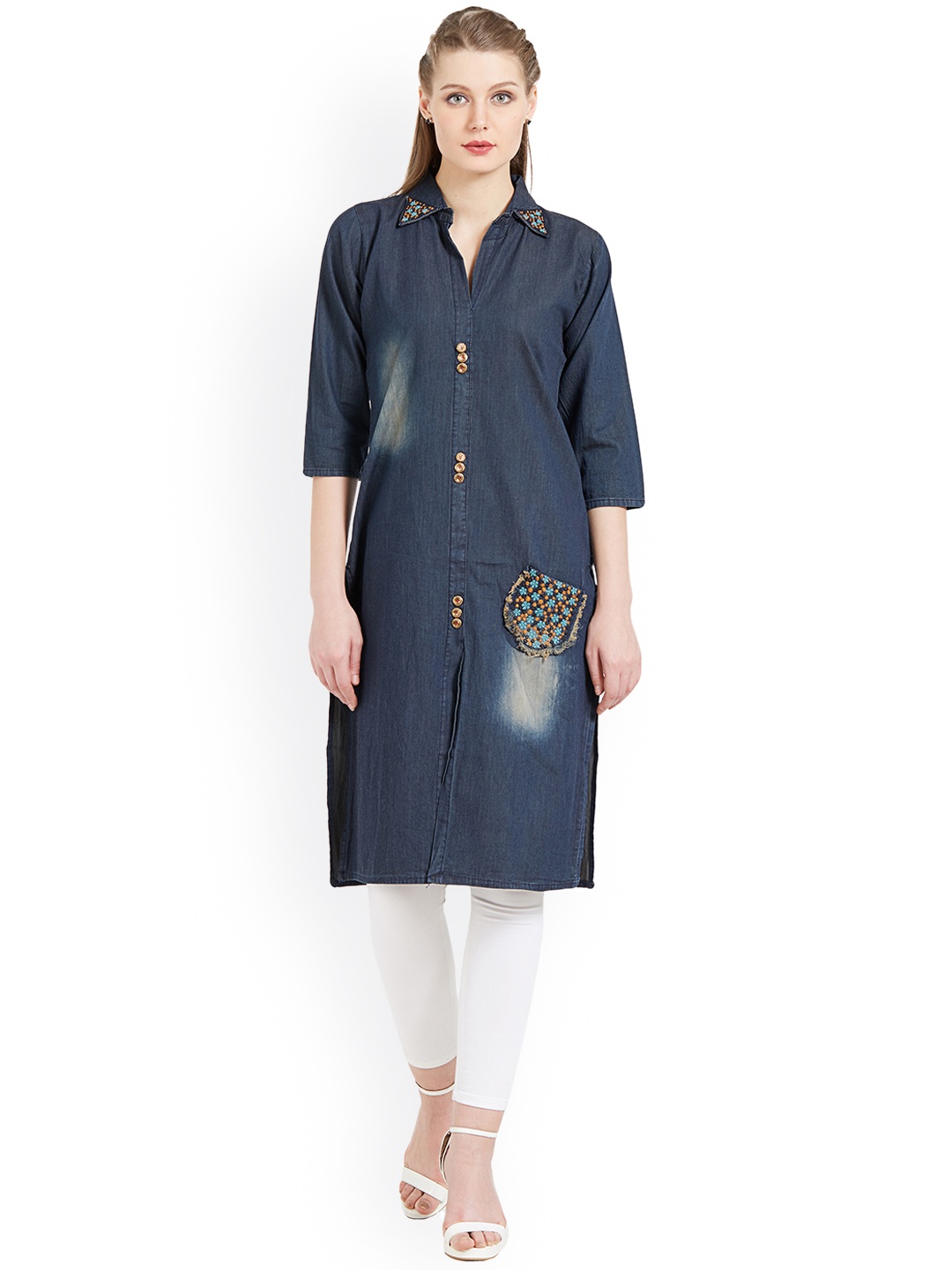 

Kvsfab Women Blue Dyed Denim Straight Kurta