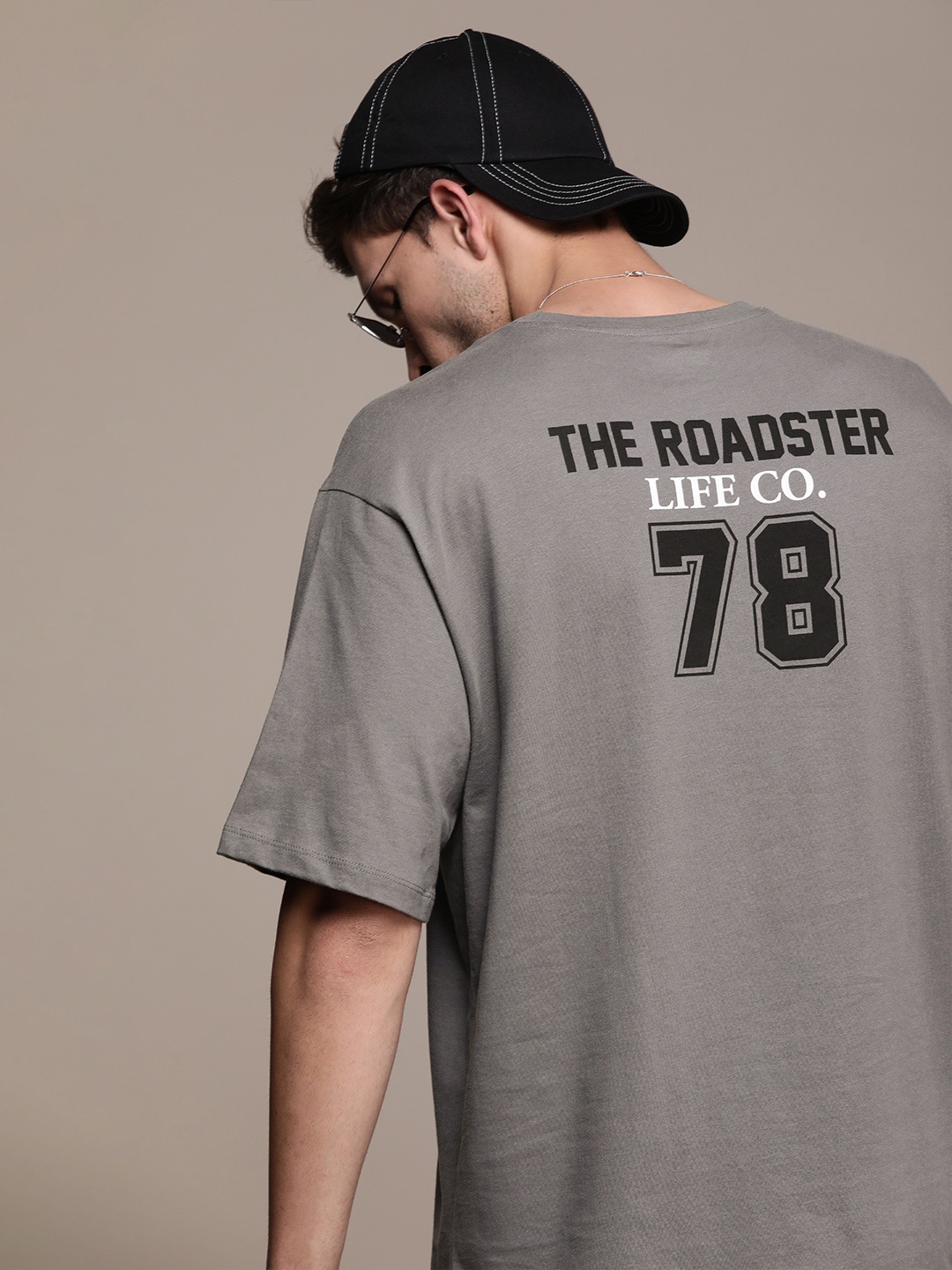 

The Roadster Life Co. Pure Cotton Brand Logo Printed Drop-Shoulder Sleeves Casual T-shirt, Grey