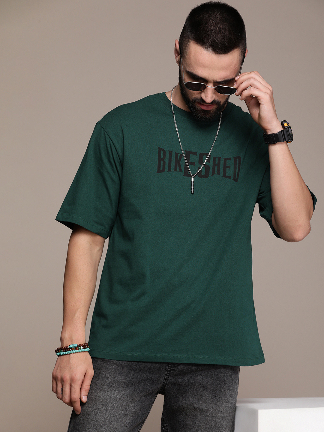 

The Roadster Life Co. Typography Printed Drop-Shoulder Sleeves Pure Cotton T-shirt, Green