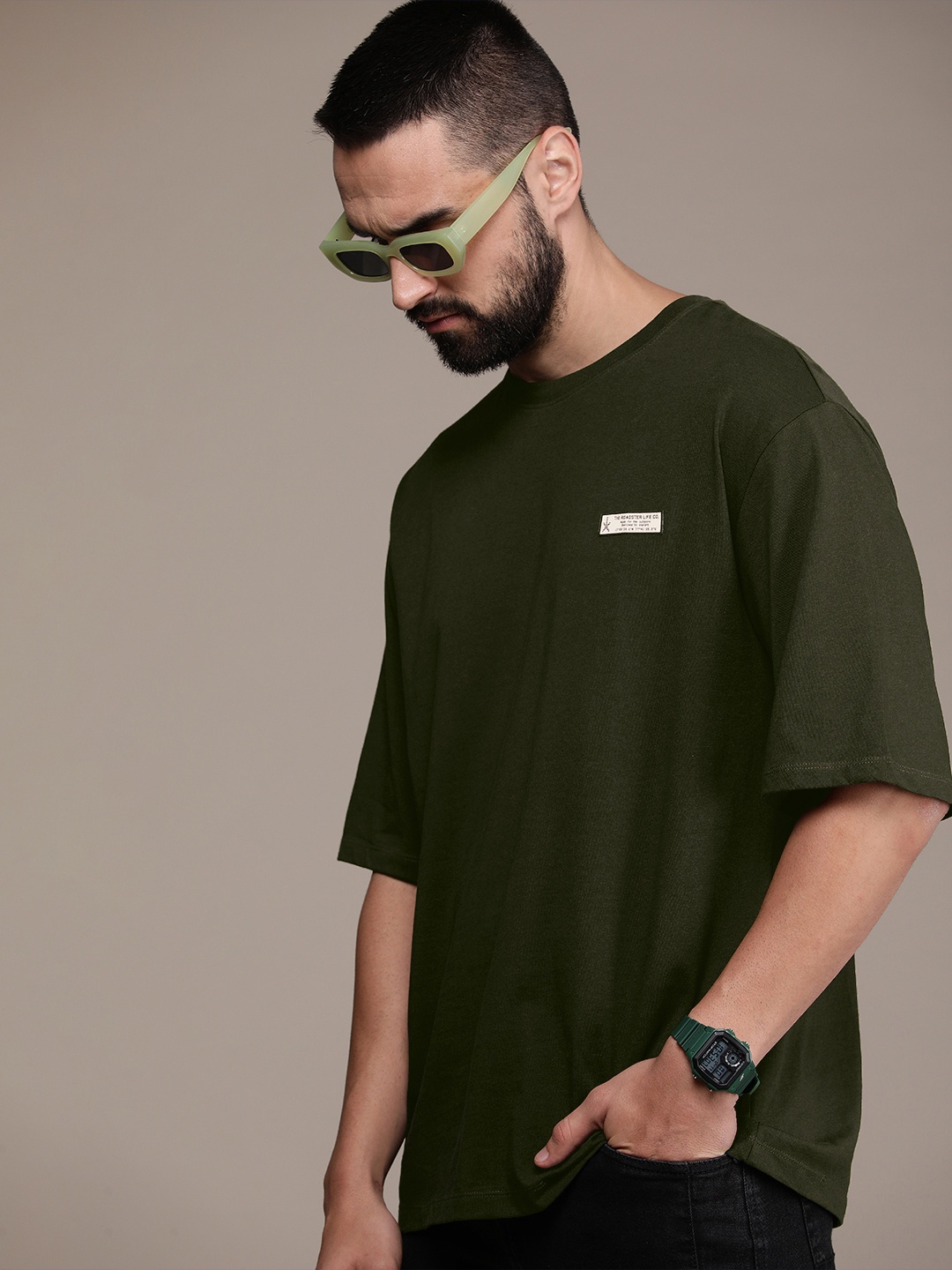 

The Roadster Life Co. Pure Cotton Solid Drop-Shoulder Sleeves Casual T-shirt, Green