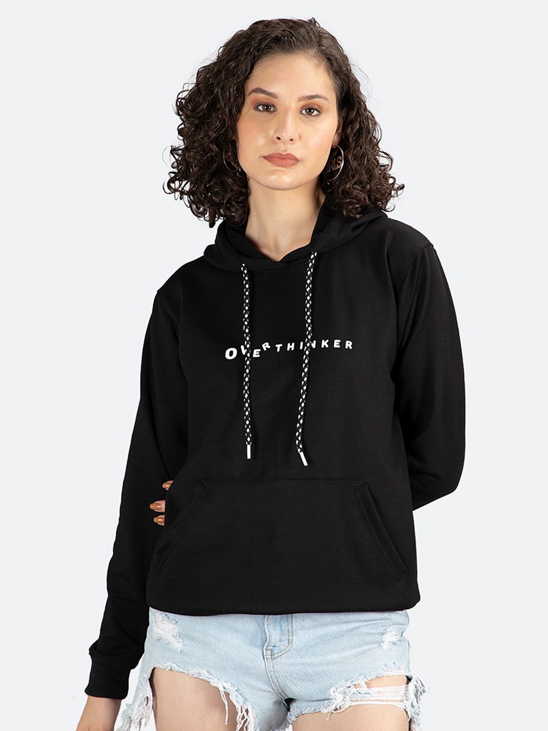 

Mad Over Print Typography Printed Long Sleeves Hooded Fleece Pullover, Black