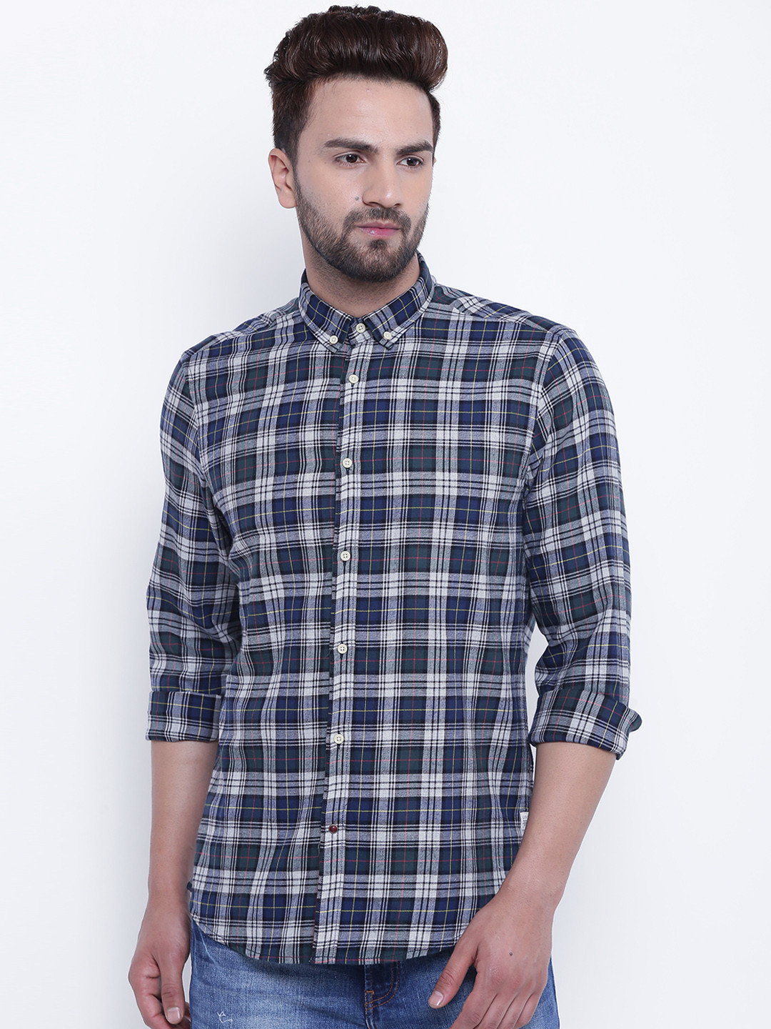 

Blackberrys Men Grey & Green Slim Fit Checked Casual Shirt