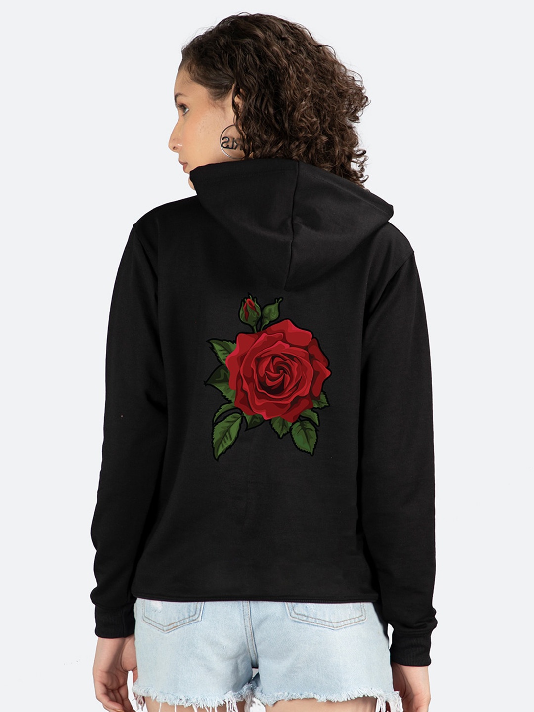 

Mad Over Print Floral Printed Long Sleeves Hooded Fleece Pullover, Black