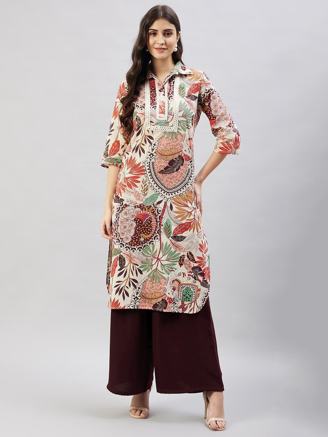 

WineRed Floral Printed Pure Cotton Kurta, Beige