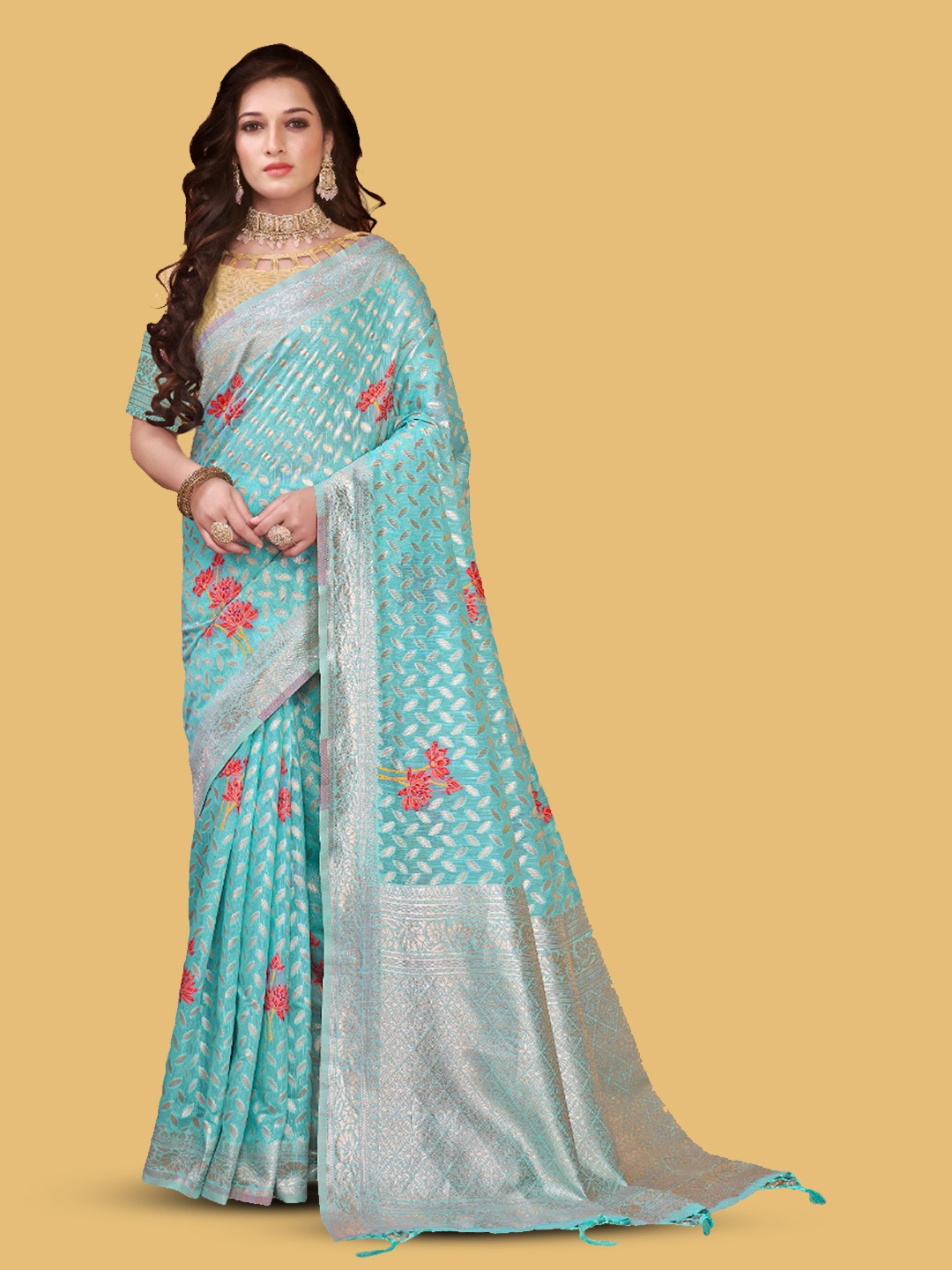 

V3 FASHION STUDIO Floral Woven Design Zari Pure Linen Banarasi Saree, Blue