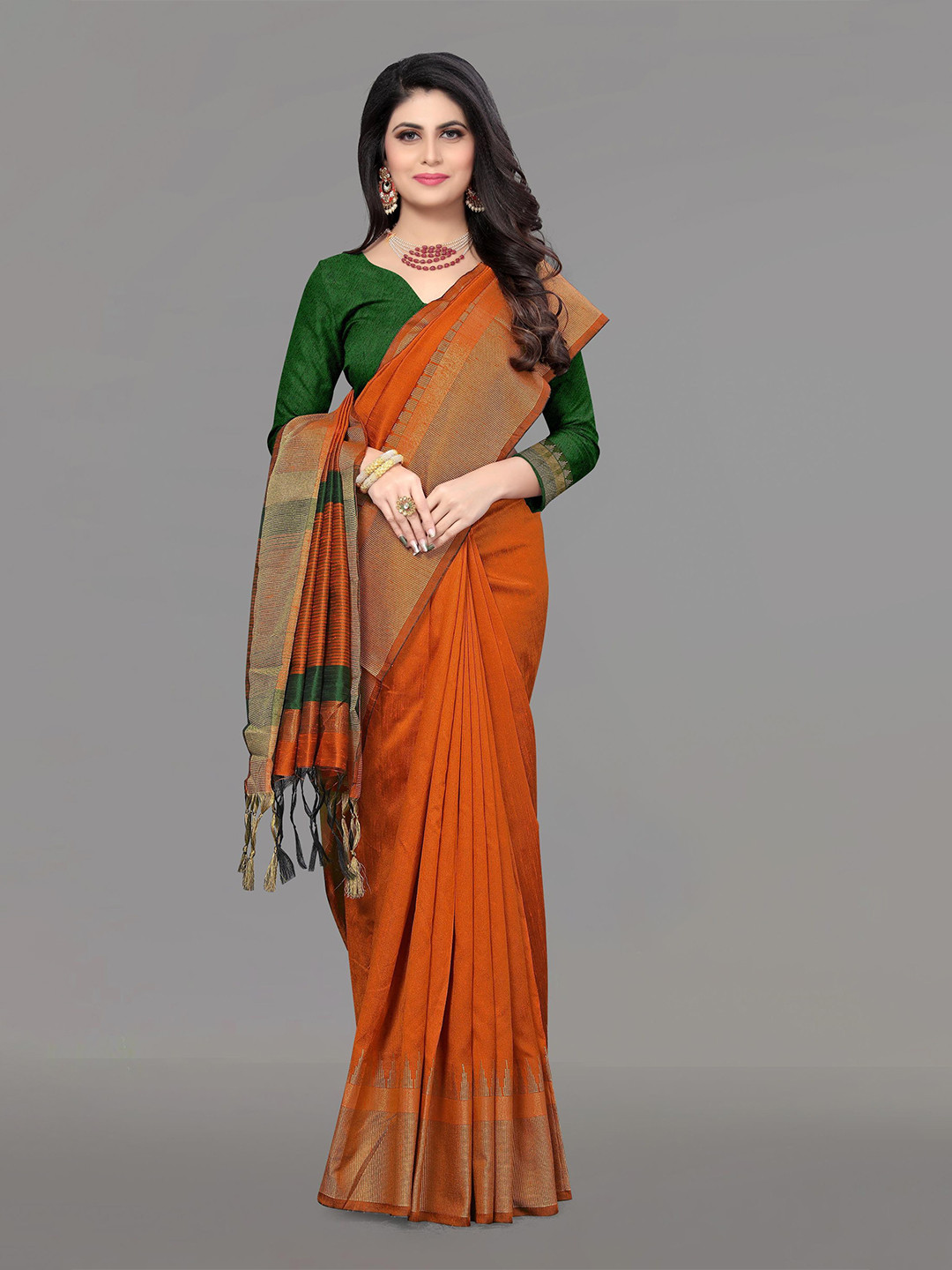 

V3 FASHION STUDIO Striped Border Zari Banarasi Saree, Orange
