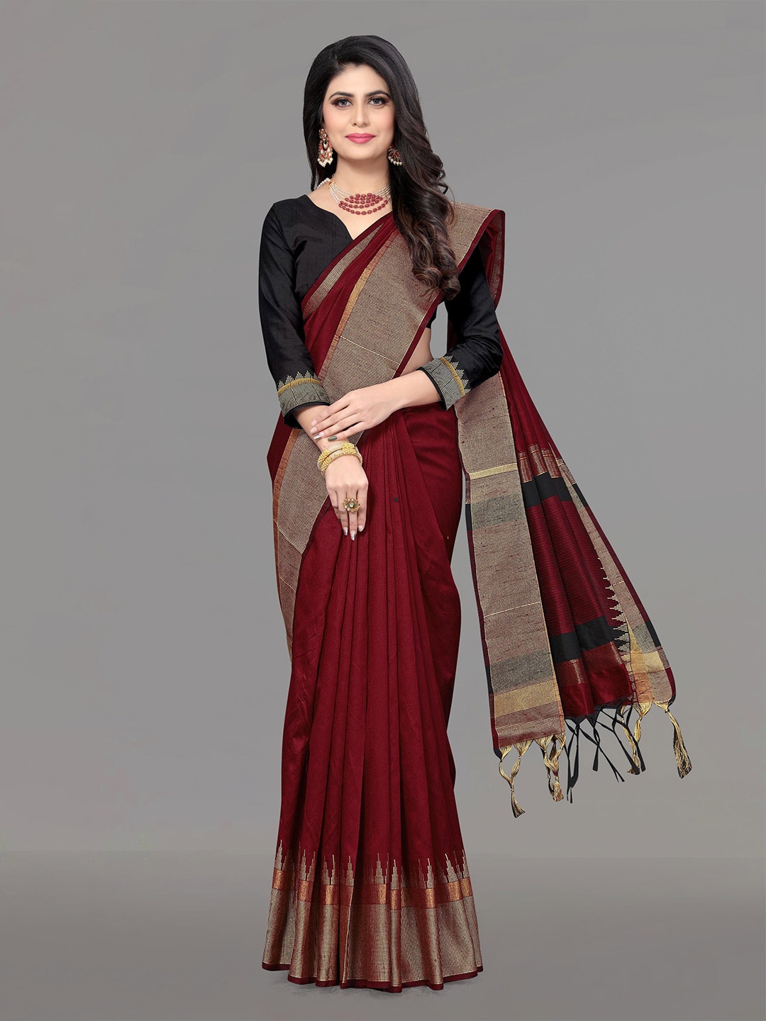 

V3 FASHION STUDIO Striped Border Zari Banarasi Saree, Maroon