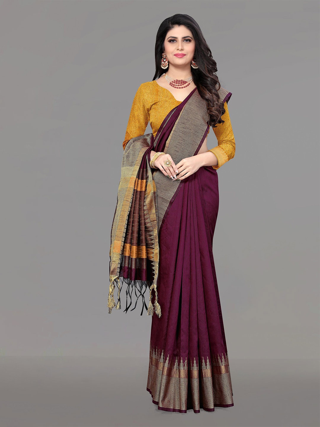 

V3 FASHION STUDIO Striped Border Zari Banarasi Saree, Purple