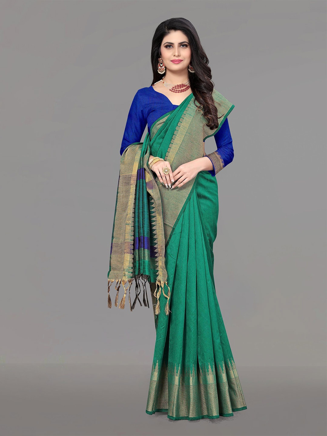 

V3 FASHION STUDIO Striped Woven Design Zari Banarasi Saree, Green