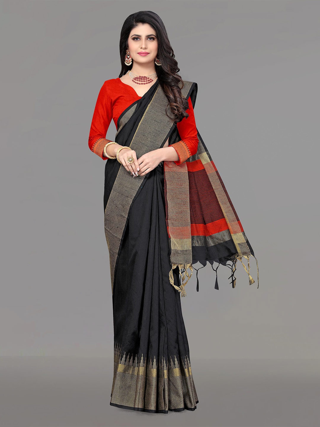 

V3 FASHION STUDIO Striped Border Zari Banarasi Saree, Black