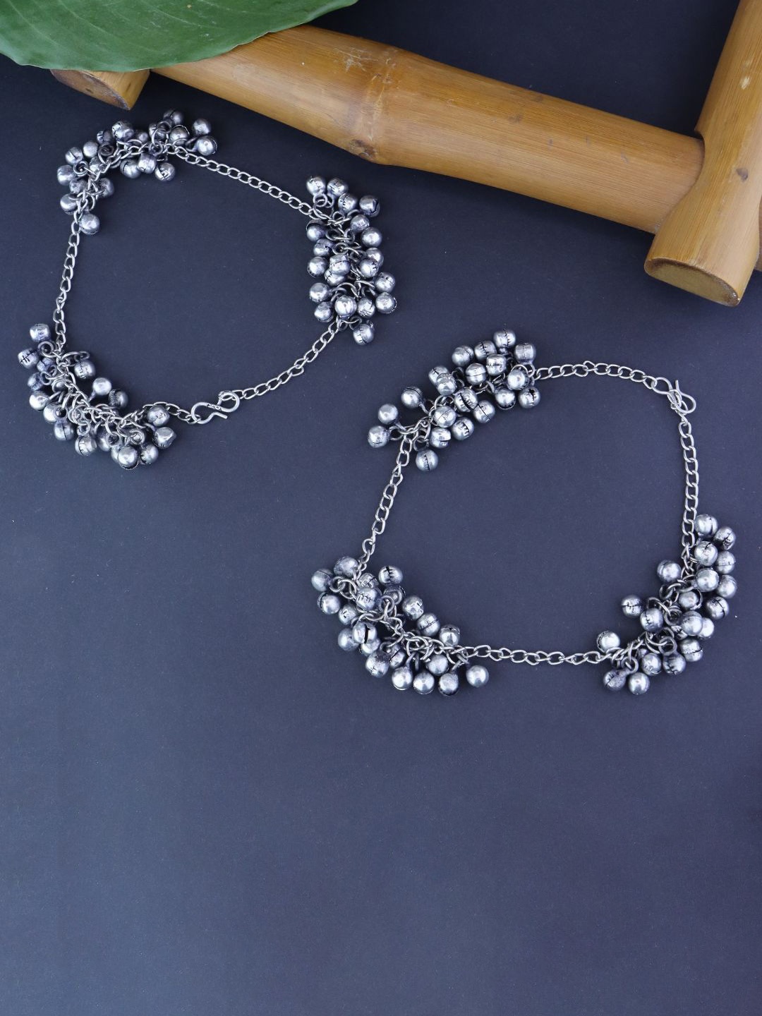 

I Jewels Set Of 2 Oxidised Silver-Plated Ghungroo Beaded Anklets