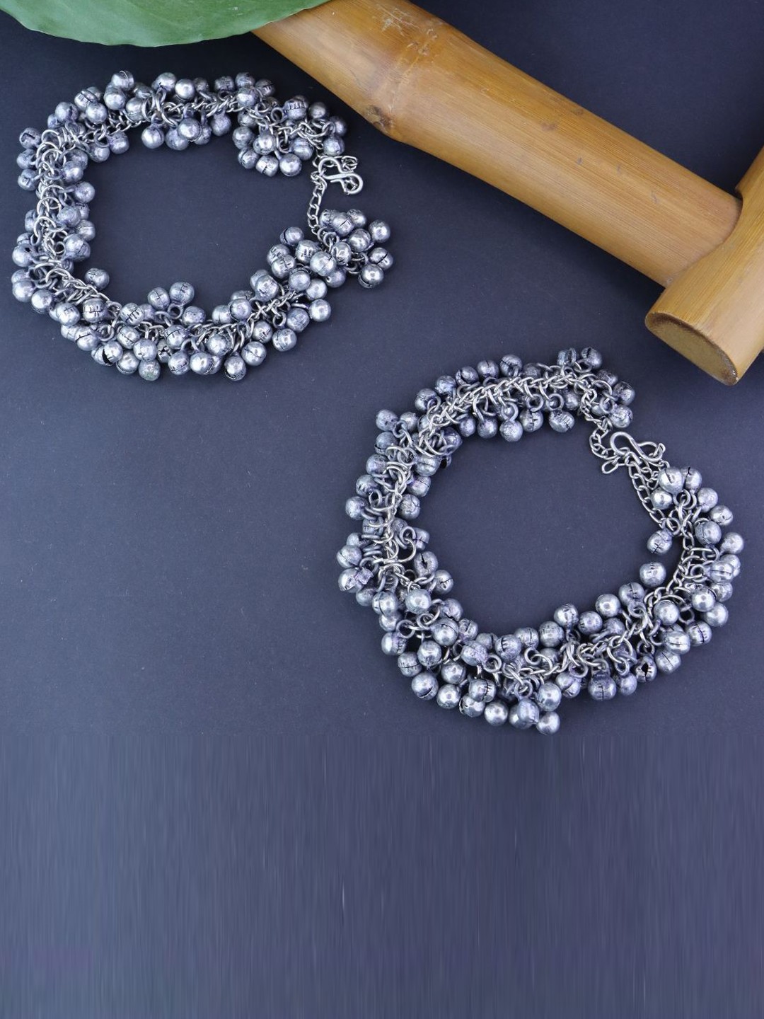 

I Jewels Set Of 2 Oxidised Silver Plated Ghungroo Beaded Anklets
