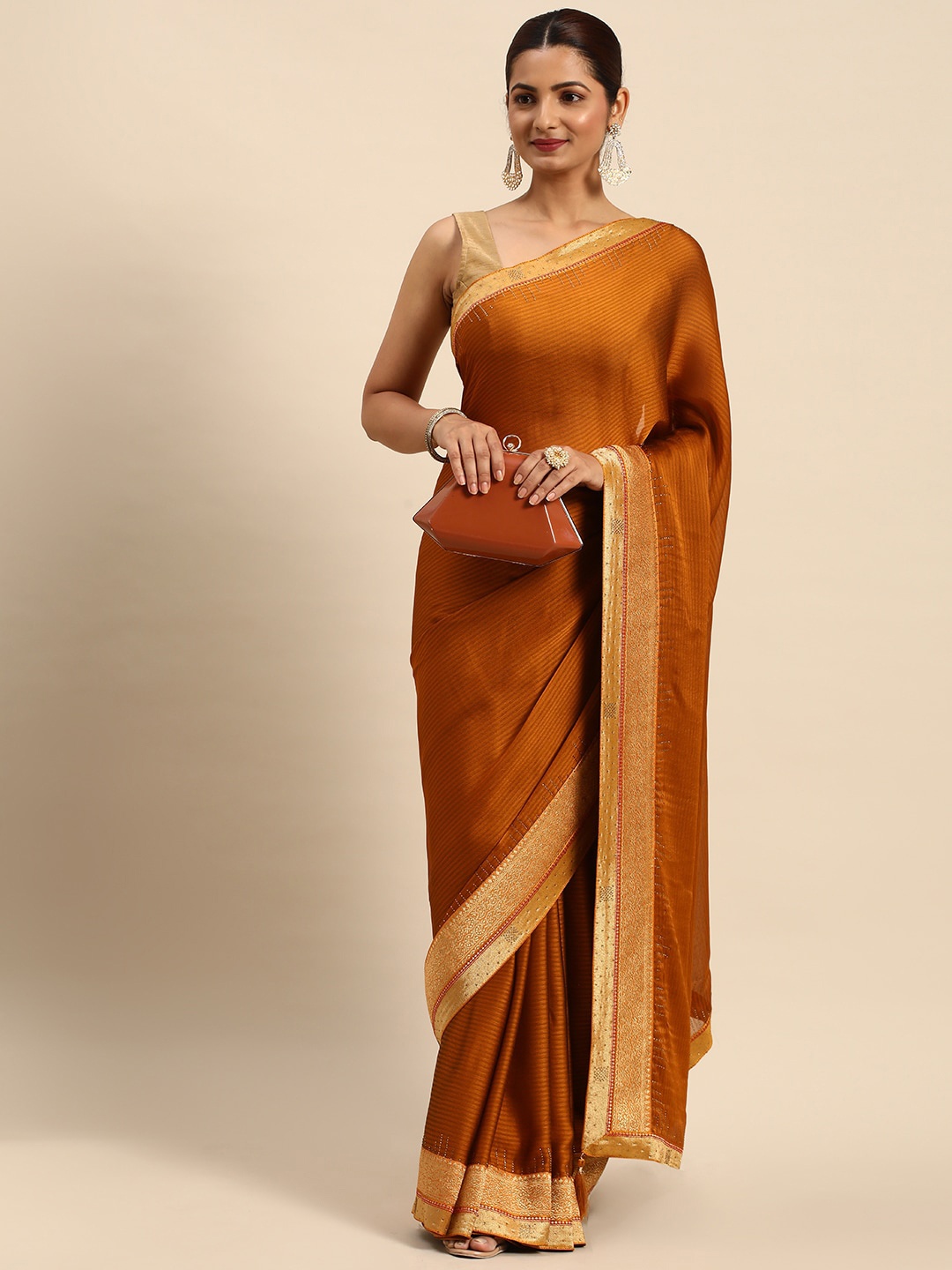 

Mitera Striped Beads & Stones Satin Saree, Yellow