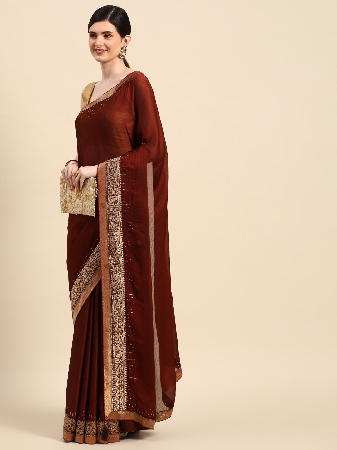 

Mitera Striped Satin Saree, Brown